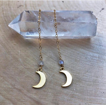 Load image into Gallery viewer, long gold moonstone earrings