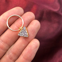 Load image into Gallery viewer, small gold hoops with druzy triangles