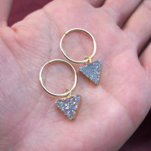 Load image into Gallery viewer, small gold hoops with druzy triangles